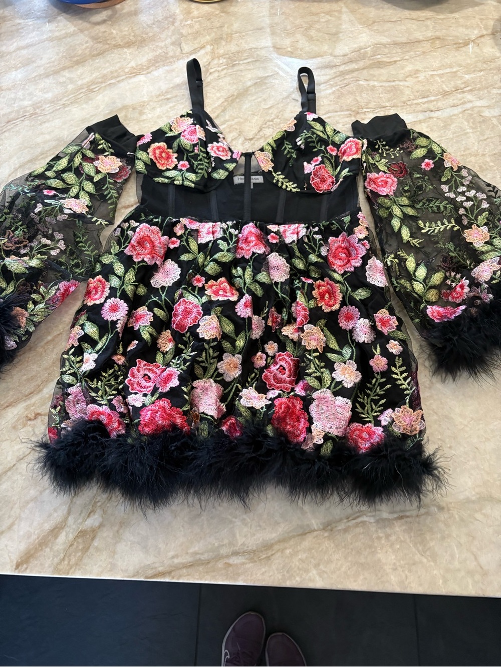 iHeartRaves Black Floral Embroidered Mini Dress with Pink & Red Flowers